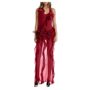 Red Floral Appliqué Sheer Maxi Dress
